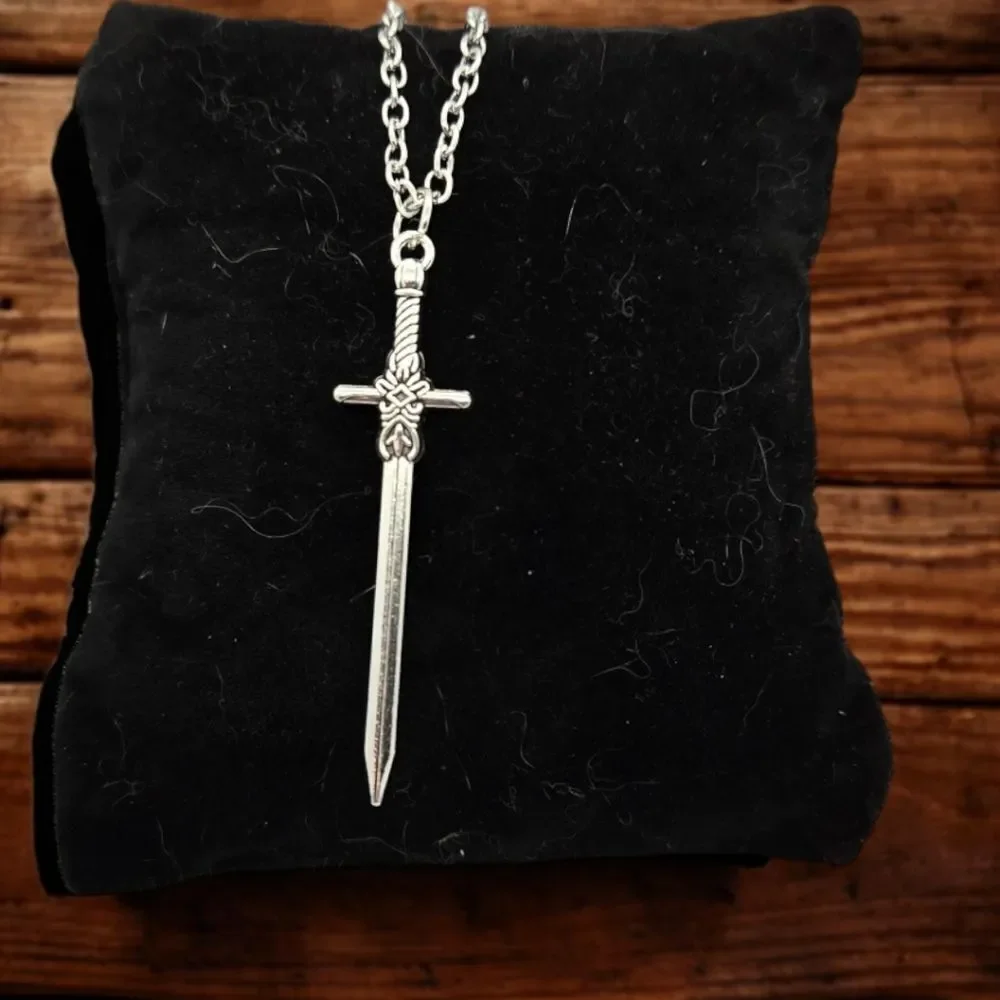 Gothic Sword Cross Pendant Necklace Medieval Dagger Silver Chain 18